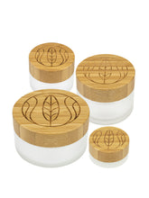 Glastiegel matt, mit graviertem Bambusdeckel, inklusive Geschenkverpackung , SET - 4 Stück - 5 20 50 100 ml