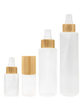 Glasflaschen leer mit Sprühkopf, Frosted Glas, Bambusdeckel graviert ,