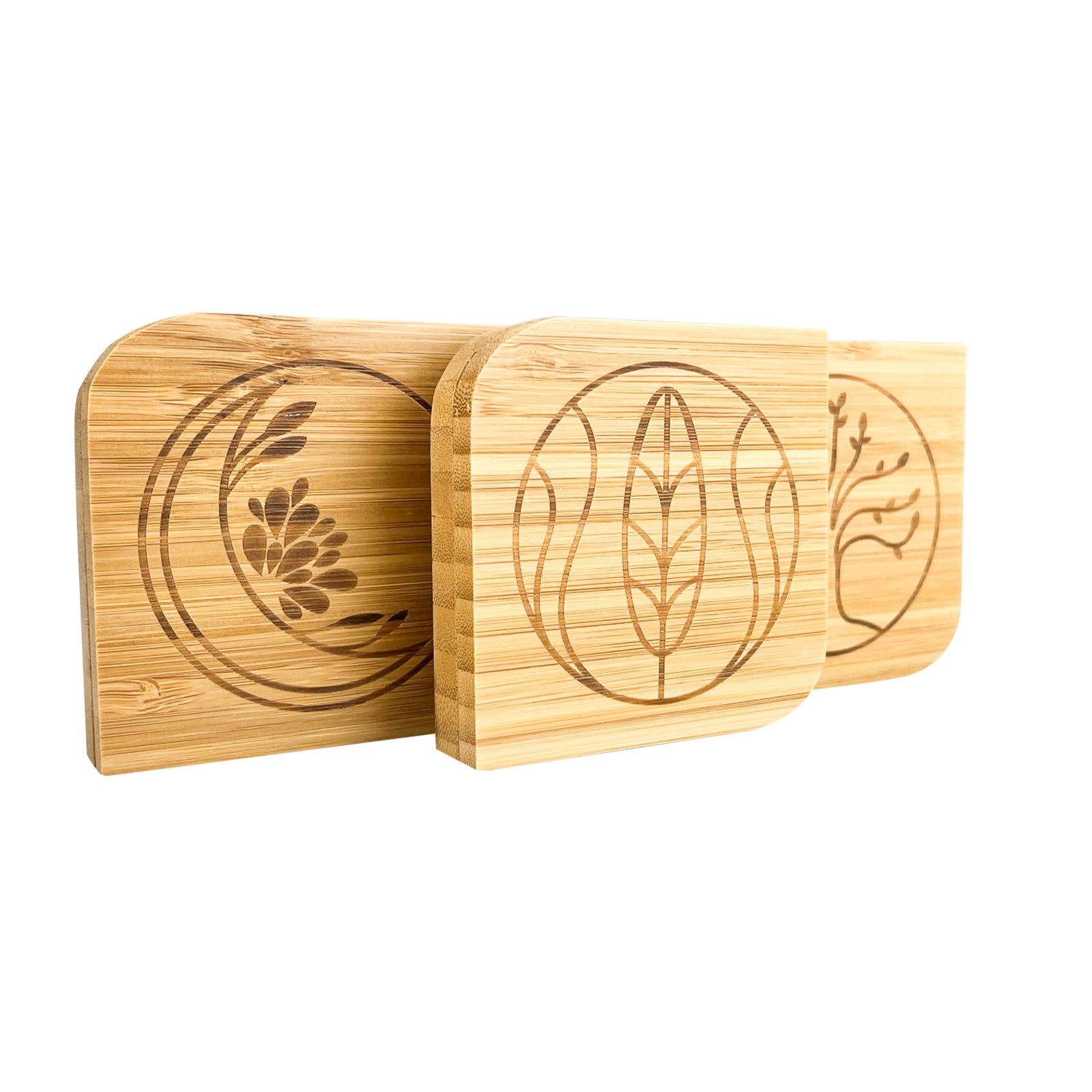 Puderdose aus Bambus mit Spiegel, 3 Stück mit verschiedenen Gravuren, mit herausnehmbarer Metallschale