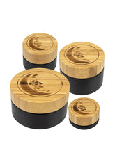 Glastiegel matt schwarz, Cremetiegel mit graviertem Bambusdeckel und Geschenkverpackung , SET - 4 Stück - 5 20 50 100 ml