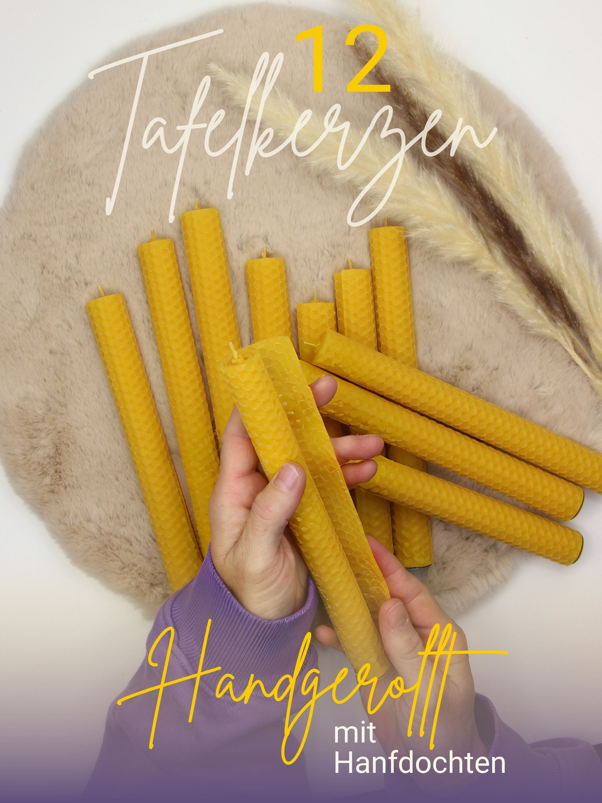Stabkerzen, 12er-Set, 100 % Bienenwachs, handgerollt , Gelb
