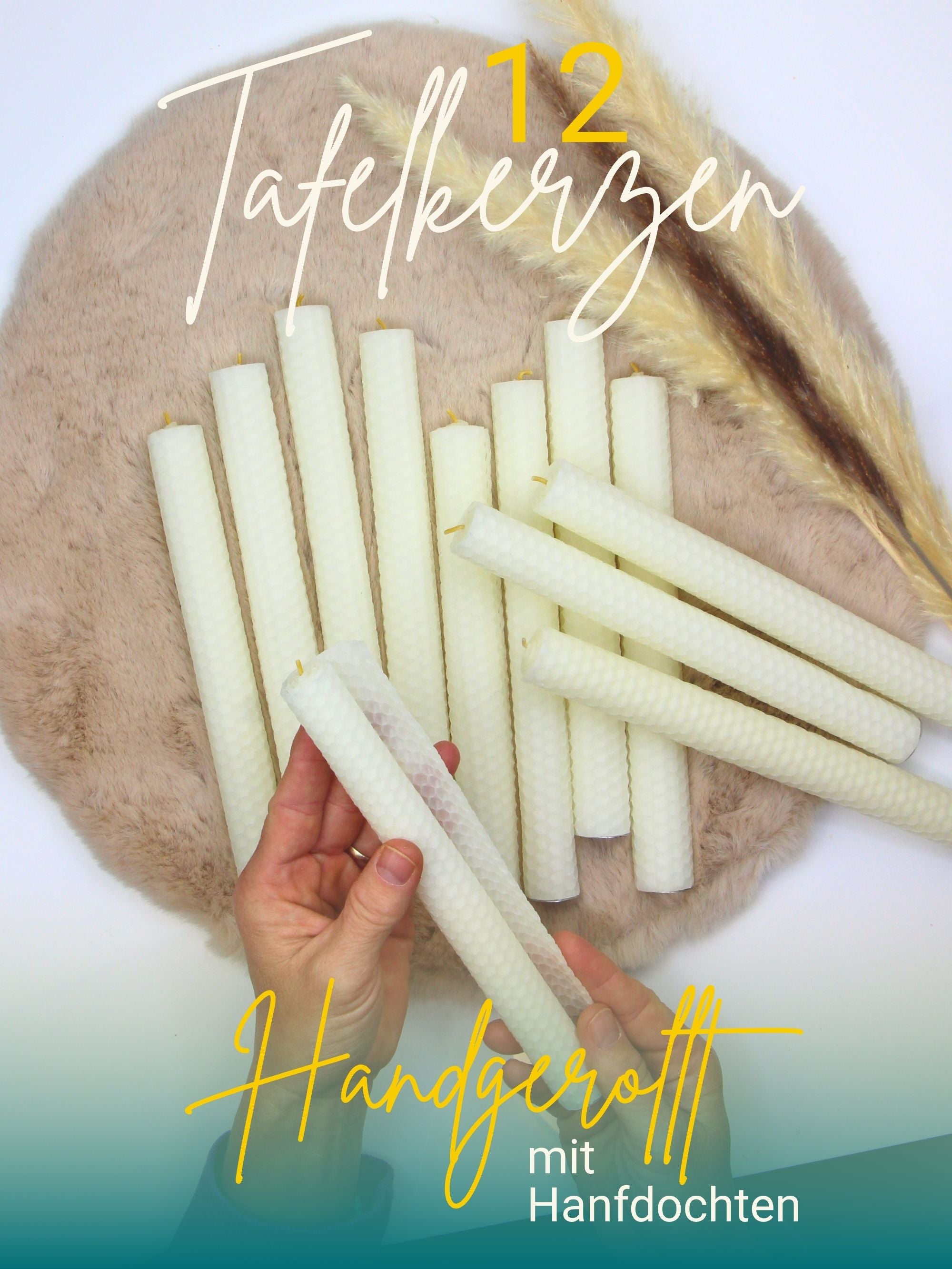Stabkerzen, 12er-Set, 100 % Bienenwachs, handgerollt , Weiß
