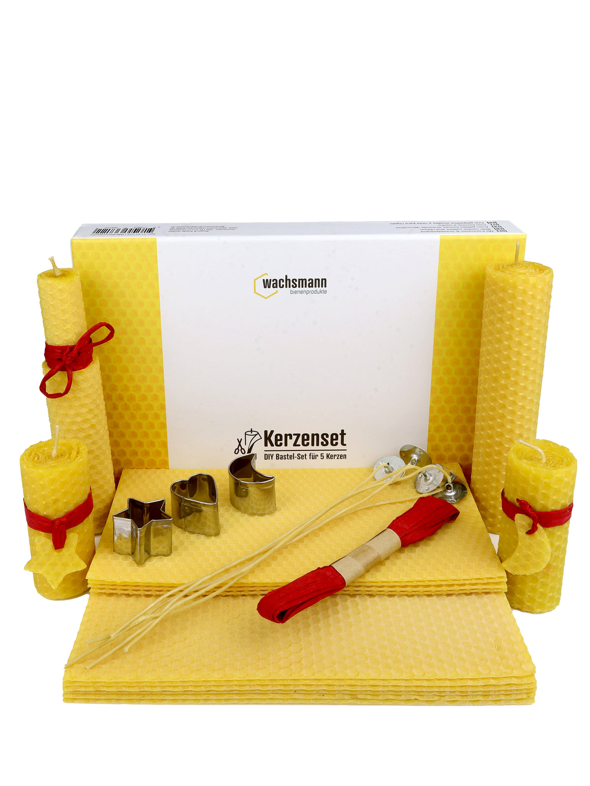 Bienenwachskerzen selber machen, DIY-Bastelset mit 10 Bienewachsplatten, Hanfdochten, Ausstechförmchen & Raffia-Bast