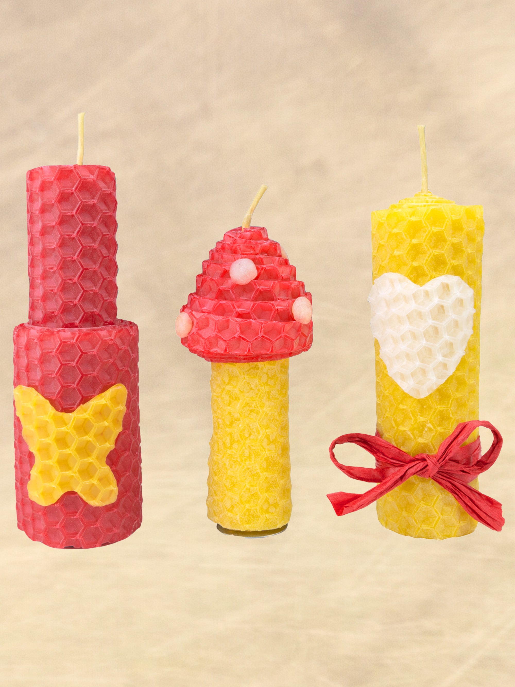 Bienenwachskerzen selber machen, DIY-Bastelset bunt mit 10 Wabenplatten in weiß, rot & gelb, inkl. Zubehör & Deko