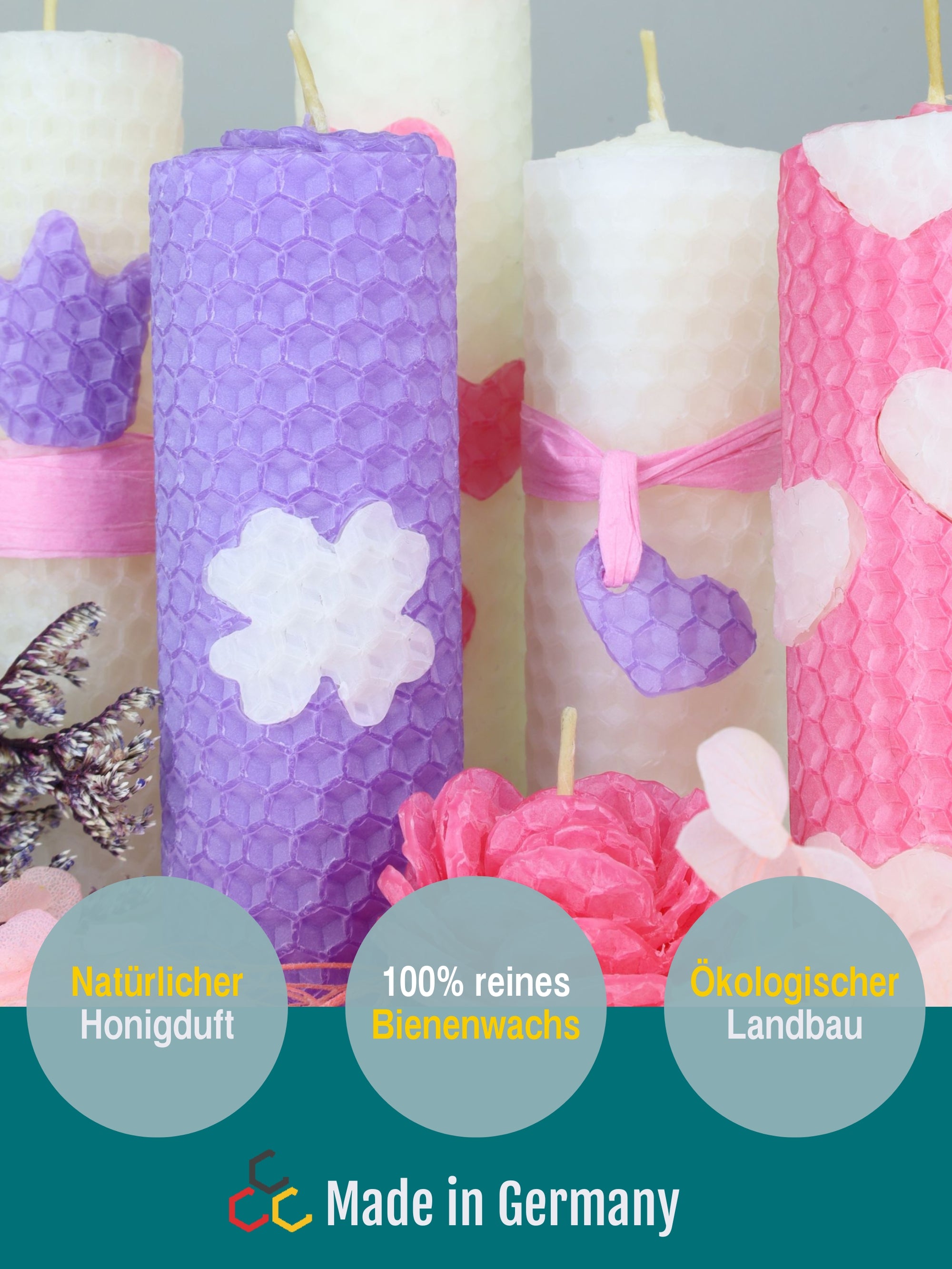 Bienenwachskerzen Festtagsset, DIY-Bastelset mit 10 Wabenplatten in weiß, rosa & lila aus Deutschland, inkl. Zubehör ,