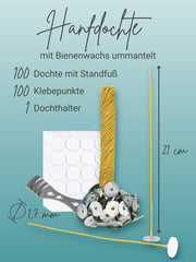 Kerzendochte 100 Stück aus Hanf mit Bienenwachs Mantel und Standfuß , 100 Stück - Ø 1.7 mm Länge 21 cm