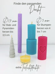 Kerzendochte 100 Stück aus Hanf mit Bienenwachs Mantel und Standfuß , 100 Stück - Ø 3 mm Länge 11 cm