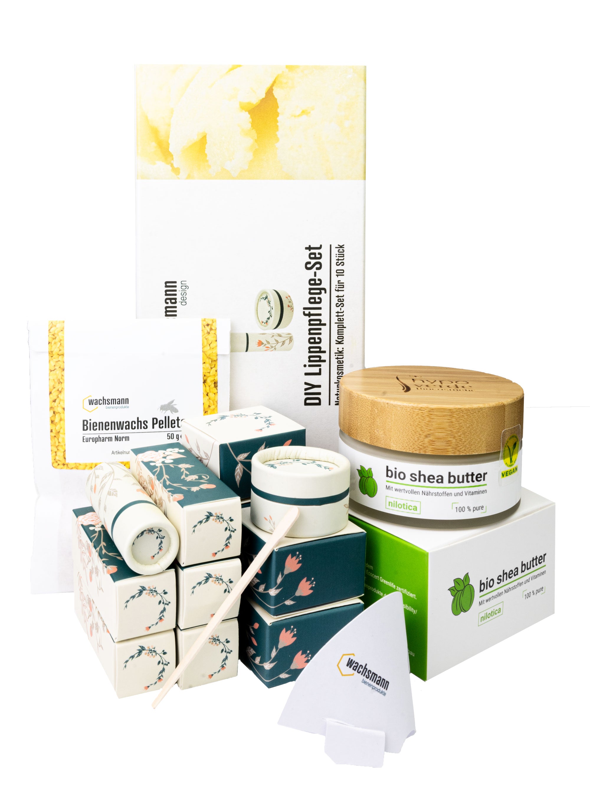 DIY Lippenbalsam Komplett-Set - Bienenwachs, Nilotica Sheabutter, 5 Tiegel & 5 Lippenstift-Hülsen ,