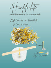 Kerzendochte 100 Stück aus Hanf mit Bienenwachs Mantel und Standfuß , 200 Stück - Ø 1,7 mm Länge 3 cm