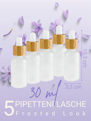 Pipettenflasche 30 ml, Milchglas, mit Bambusverschluss und Pipette, graviert, 30 ml, 5 Stück ,