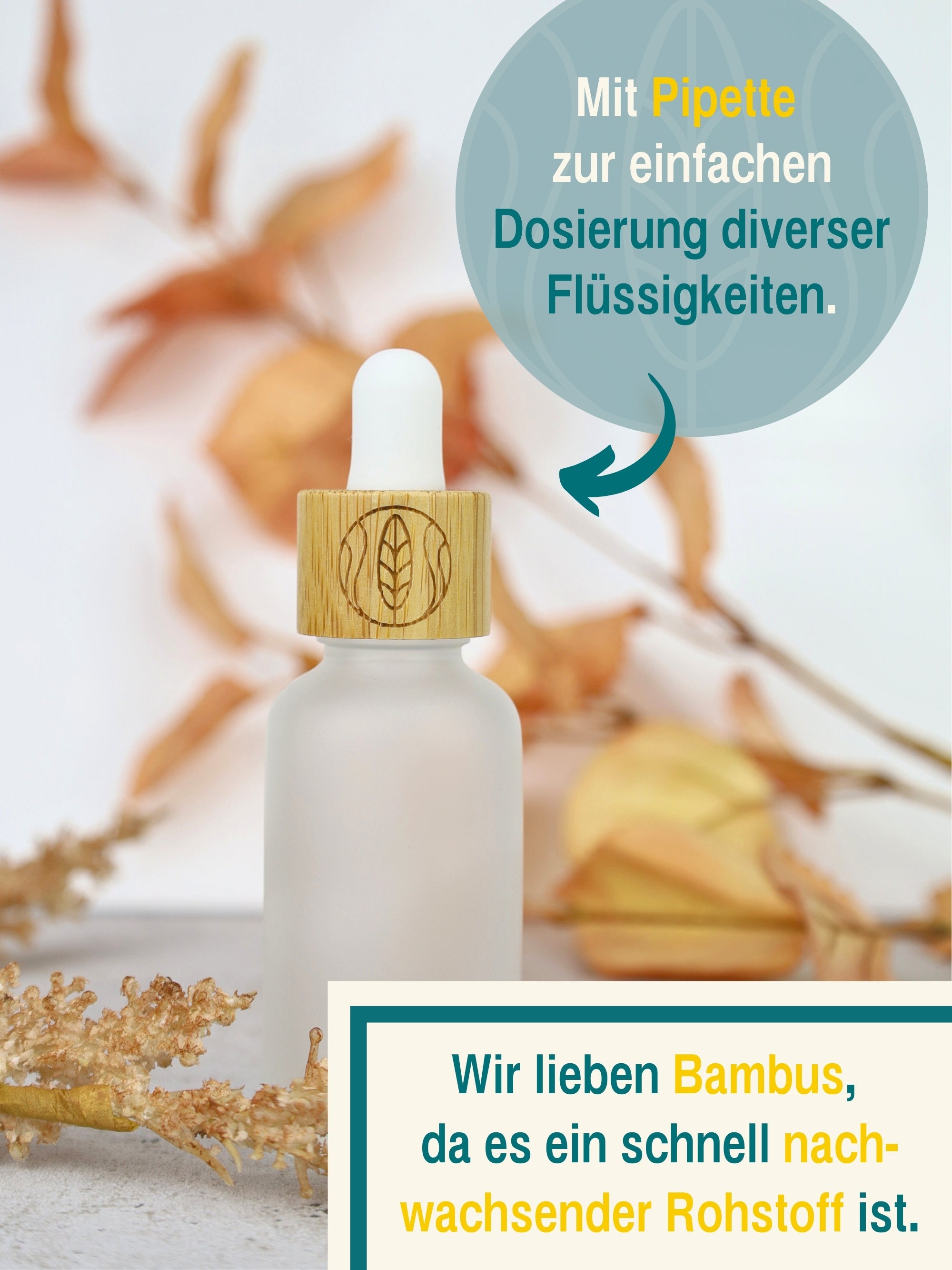 Pipettenflasche 30 ml, Milchglas, mit Bambusverschluss und Pipette, graviert, 30 ml, 5 Stück