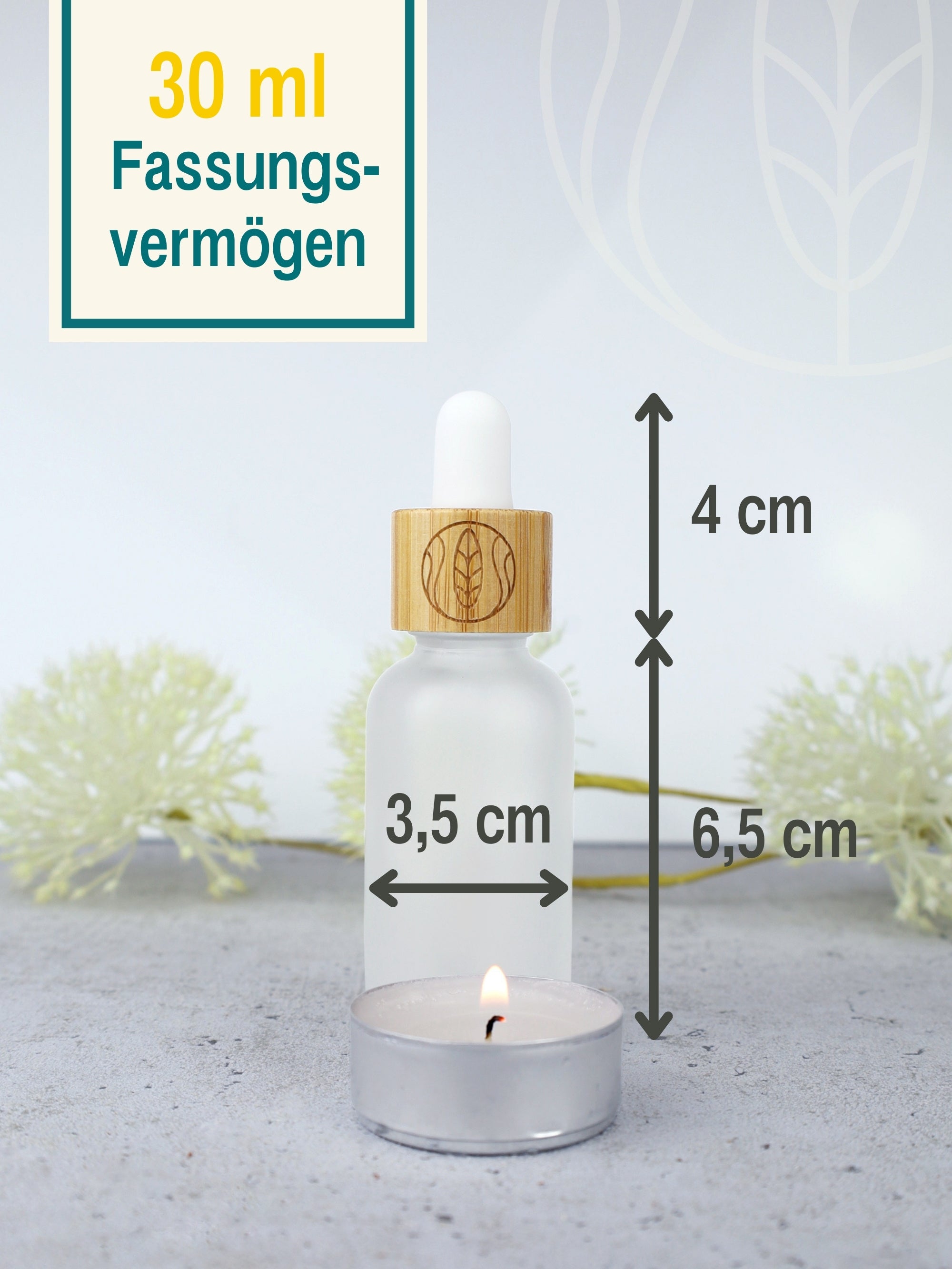 Pipettenflasche 30 ml, Milchglas, mit Bambusverschluss und Pipette, graviert, 30 ml, 5 Stück