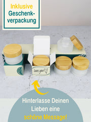 Glastiegel matt, mit Bambusdeckel, inklusive Geschenkverpackung , 5 ml 5 Stück