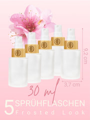 Glasflaschen leer mit Sprühkopf, Frosted Glas, Bambusdeckel graviert , 30 ml - 5 Stück