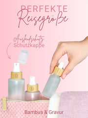 Glasflaschen leer mit Sprühkopf, Frosted Glas, Bambusdeckel graviert , 30 ml - 5 Stück