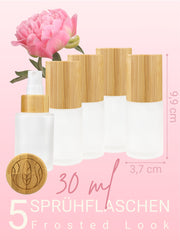 Glasflaschen leer mit Sprühkopf, Frosted Glas, Bambusdeckel graviert , 30 ml - mit Bambusdeckel - 5 Stück