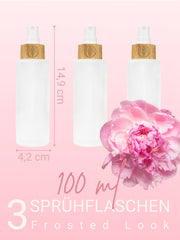 Glasflaschen leer mit Sprühkopf, Frosted Glas, Bambusdeckel graviert , 100 ml - 3 Stück