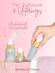 Glasflaschen leer mit Sprühkopf, Frosted Glas, Bambusdeckel graviert , 100 ml - 3 Stück