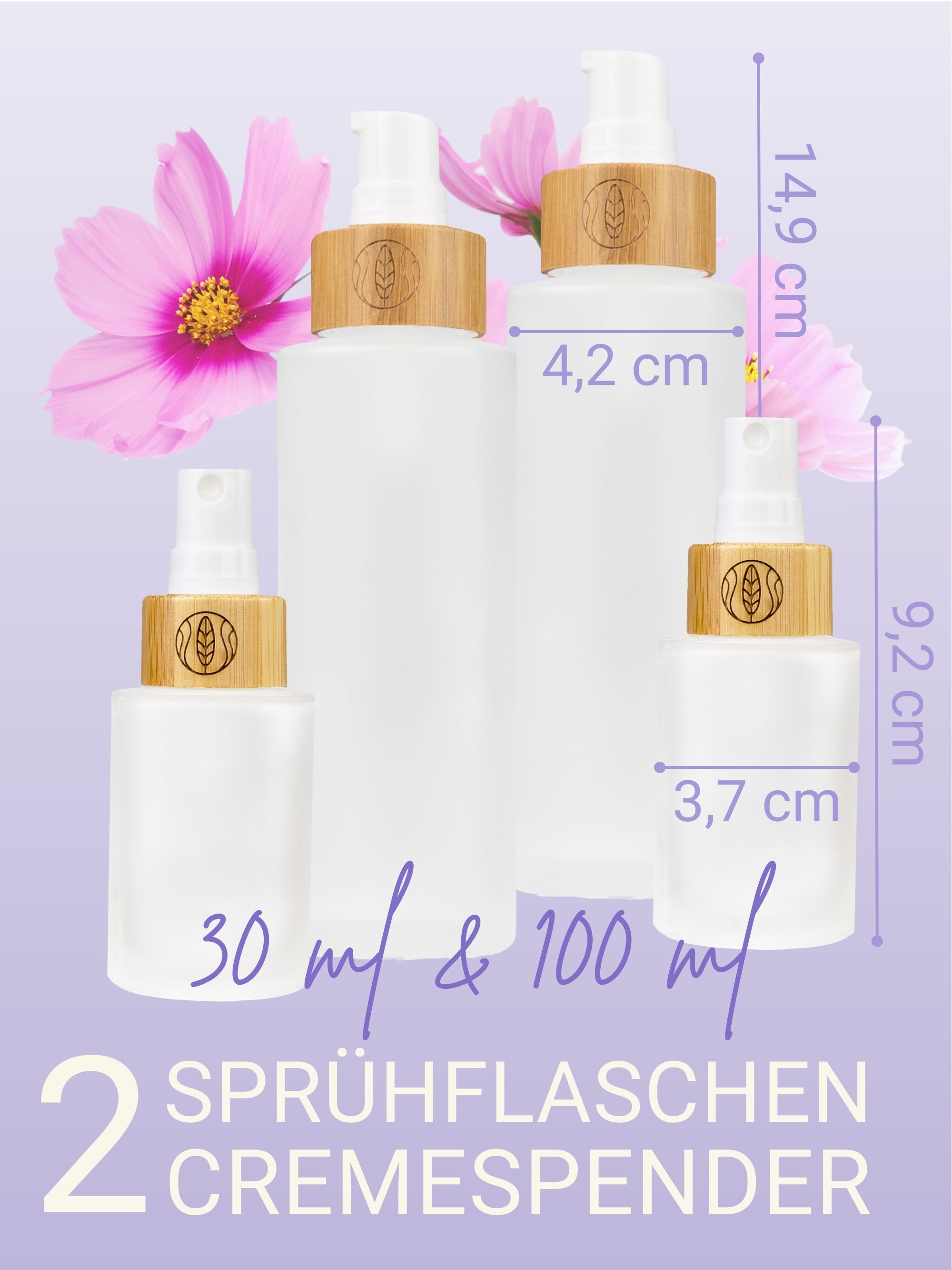 Glasflaschen SET 30 ml Sprühkopf + 100 ml Lotionsspender, je 2 Stück ,