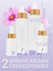 Glasflaschen SET 30 ml Sprühkopf + 100 ml Lotionsspender, je 2 Stück ,