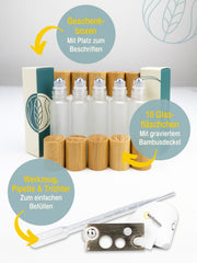 Roll on Flasche mit Bambusdeckel, 10 nachfüllbare matte Glasfläschchen mit Edelstahl Roller 10 ml und Zubehör ,