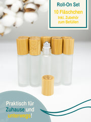 Roll on Flasche mit Bambusdeckel, 10 nachfüllbare matte Glasfläschchen mit Edelstahl Roller 10 ml und Zubehör ,