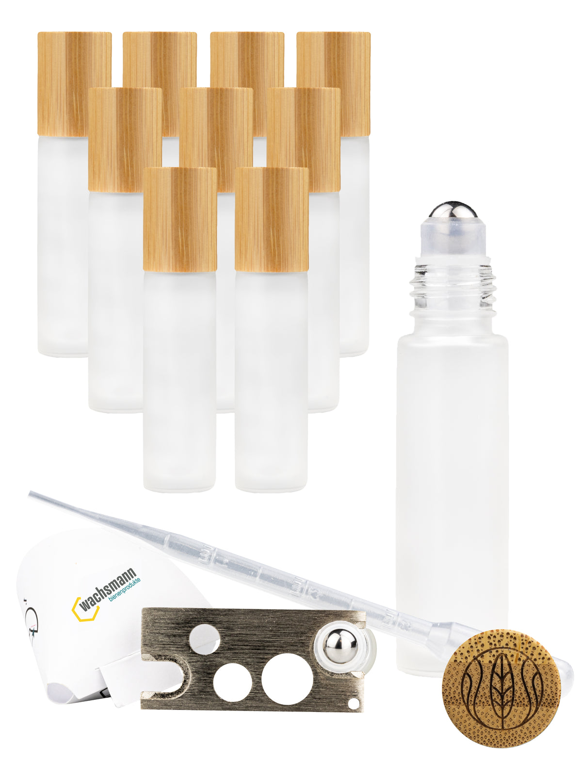 Roll on Flasche mit Bambusdeckel, 10 nachfüllbare matte Glasfläschchen mit Edelstahl Roller 10 ml und Zubehör