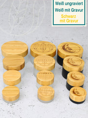 Glastiegel matt schwarz, Cremetiegel mit graviertem Bambusdeckel und Geschenkverpackung , SET - 4 Stück - 5 20 50 100 ml