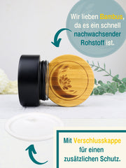 Glastiegel matt schwarz, Cremetiegel mit graviertem Bambusdeckel und Geschenkverpackung , SET - 4 Stück - 5 20 50 100 ml