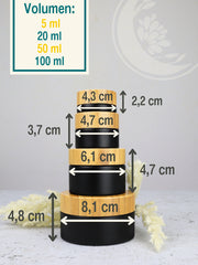 Glastiegel matt schwarz, Cremetiegel mit graviertem Bambusdeckel und Geschenkverpackung , SET - 4 Stück - 5 20 50 100 ml