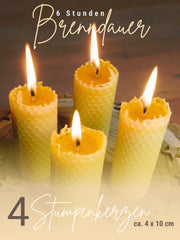 Stumpenkerzen, 4er-Set, 100 % Bienenwachs, handgerollt , gelb