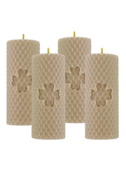 Stumpenkerzen, 4er-Set, 100 % Bienenwachs, handgerollt , beige mit Kleeblatt