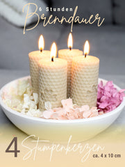 Stumpenkerzen, 4er-Set, 100 % Bienenwachs, handgerollt , beige mit Kleeblatt
