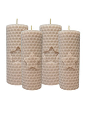 Stumpenkerzen, 4er-Set, 100 % Bienenwachs, handgerollt , beige mit Stern