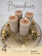 Stumpenkerzen, 4er-Set, 100 % Bienenwachs, handgerollt , beige mit Stern