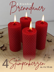 Stumpenkerzen, 4er-Set, 100 % Bienenwachs, handgerollt , rot