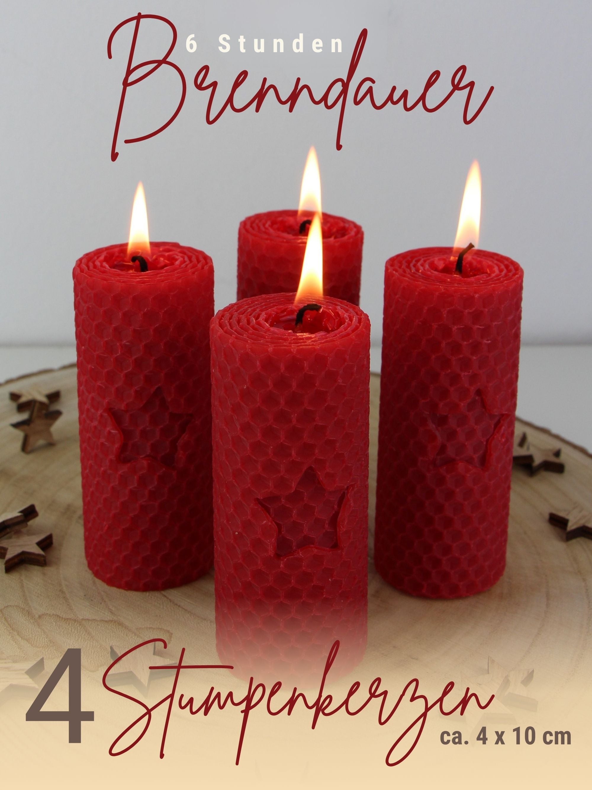 Stumpenkerzen, 4er-Set, 100 % Bienenwachs, handgerollt , rot mit Stern
