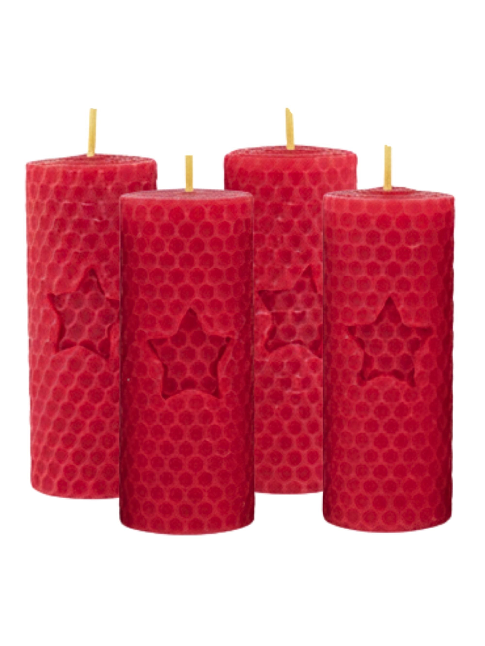 Stumpenkerzen, 4er-Set, 100 % Bienenwachs, handgerollt , rot mit Stern