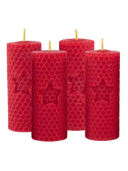 Stumpenkerzen, 4er-Set, 100 % Bienenwachs, handgerollt , rot mit Stern