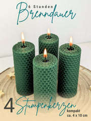 Stumpenkerzen, 4er-Set, 100 % Bienenwachs, handgerollt , grün