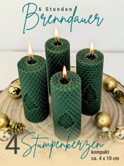Stumpenkerzen, 4er-Set, 100 % Bienenwachs, handgerollt , grün mit Tanne