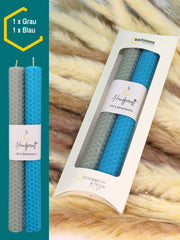 Bienenwachskerzen handgerollt, 2er Set Stabkerzen, 100 % Bienenwachs , Blau | Grau