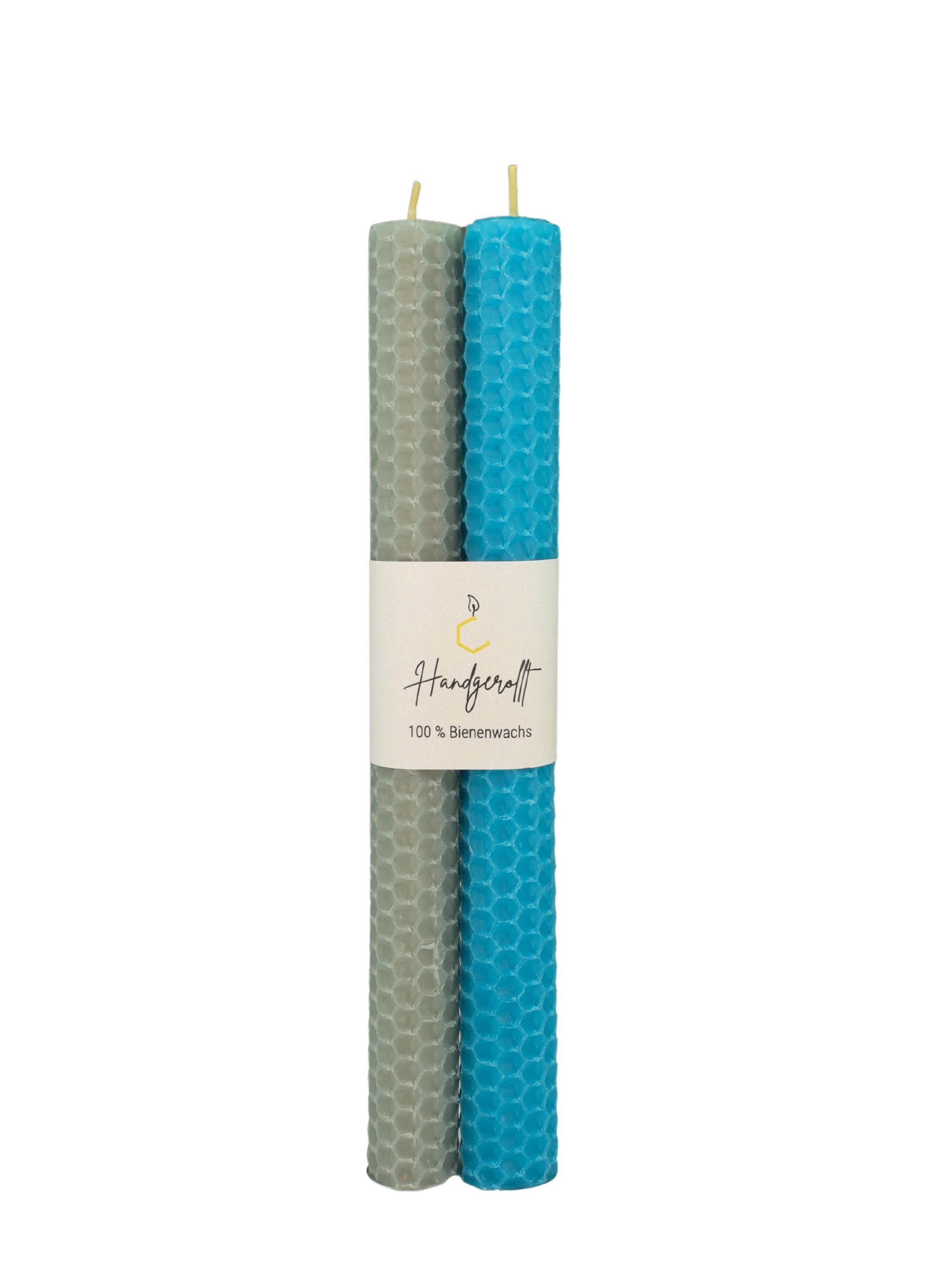 Bienenwachskerzen handgerollt, 2er Set farbig sortiert, 100 % Bienenwachs , Blau | Grau
