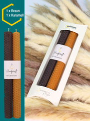 Bienenwachskerzen handgerollt, 2er Set Stabkerzen, 100 % Bienenwachs , Braun | Karamell