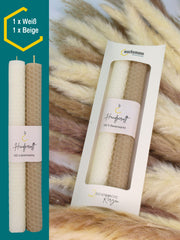 Bienenwachskerzen handgerollt, 2er Set Stabkerzen, 100 % Bienenwachs , Weiß | Beige