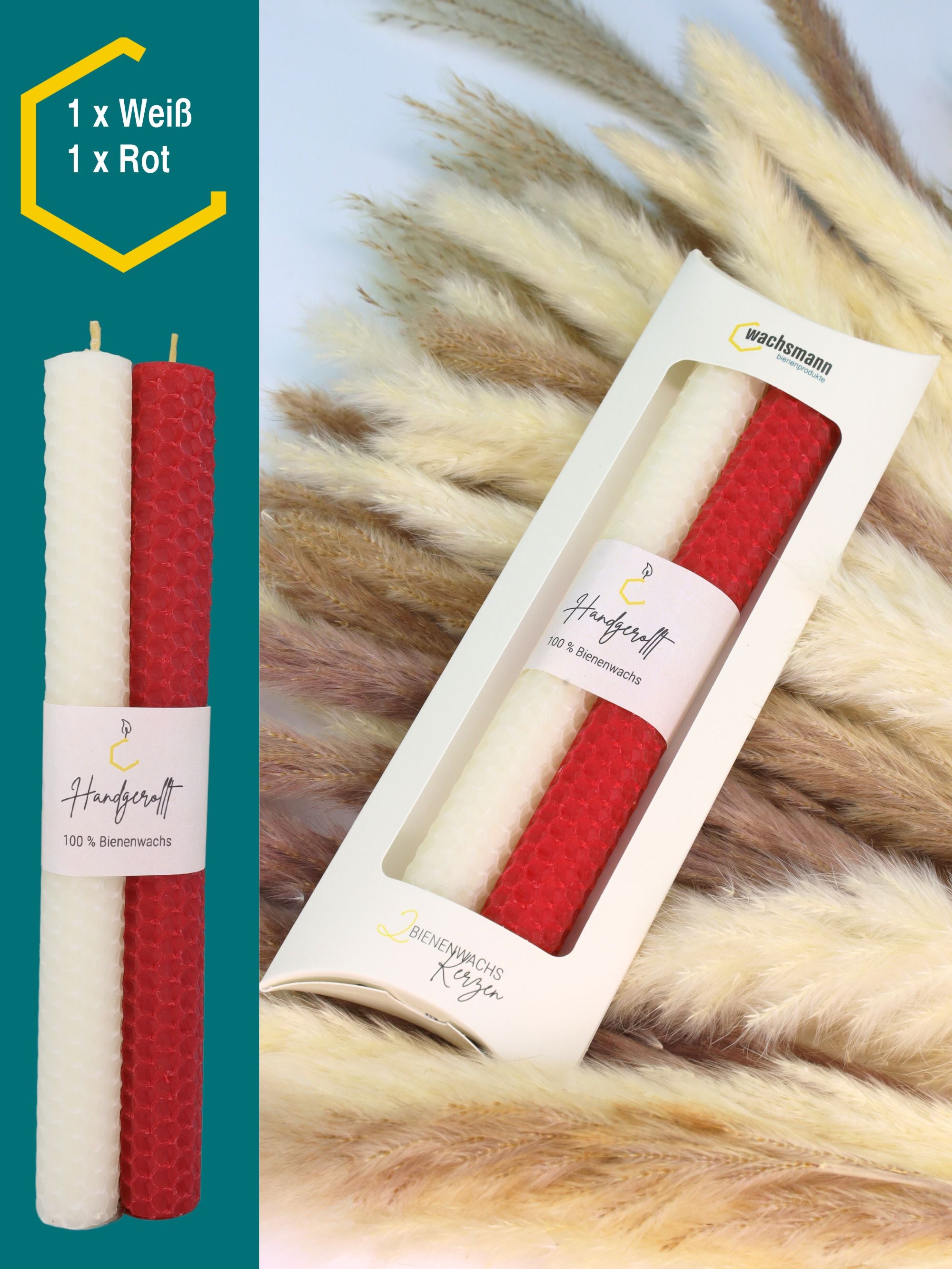 Bienenwachskerzen handgerollt, 2er Set farbig sortiert, 100 % Bienenwachs , Weiß | Rot