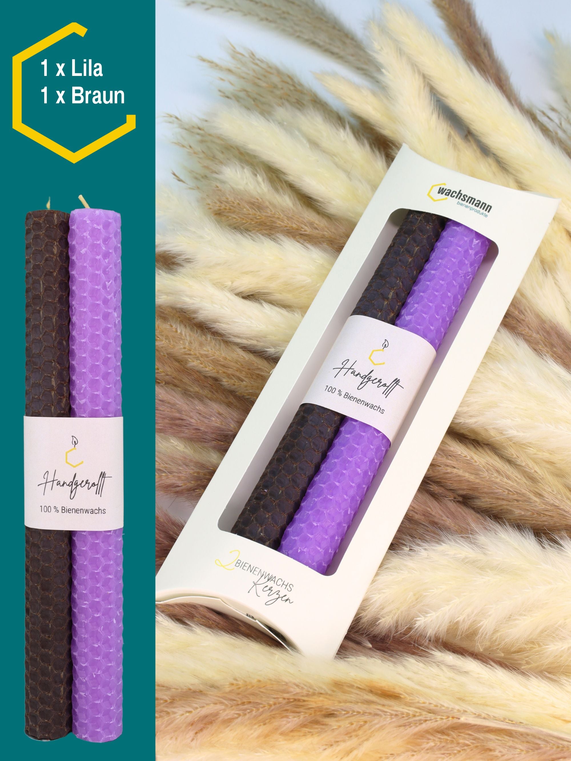 Bienenwachskerzen handgerollt, 2er Set farbig sortiert, 100 % Bienenwachs , Lila | Braun