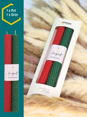 Bienenwachskerzen handgerollt, 2er Set Stabkerzen, 100 % Bienenwachs , Rot | Grün