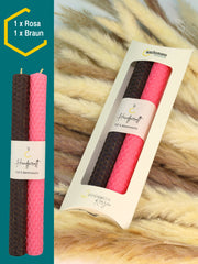 Bienenwachskerzen handgerollt, 2er Set Stabkerzen, 100 % Bienenwachs , Rosa | Braun