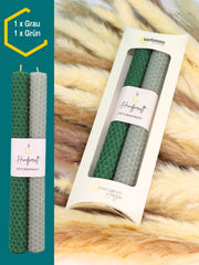 Bienenwachskerzen handgerollt, 2er Set Stabkerzen, 100 % Bienenwachs , Grau | Grün